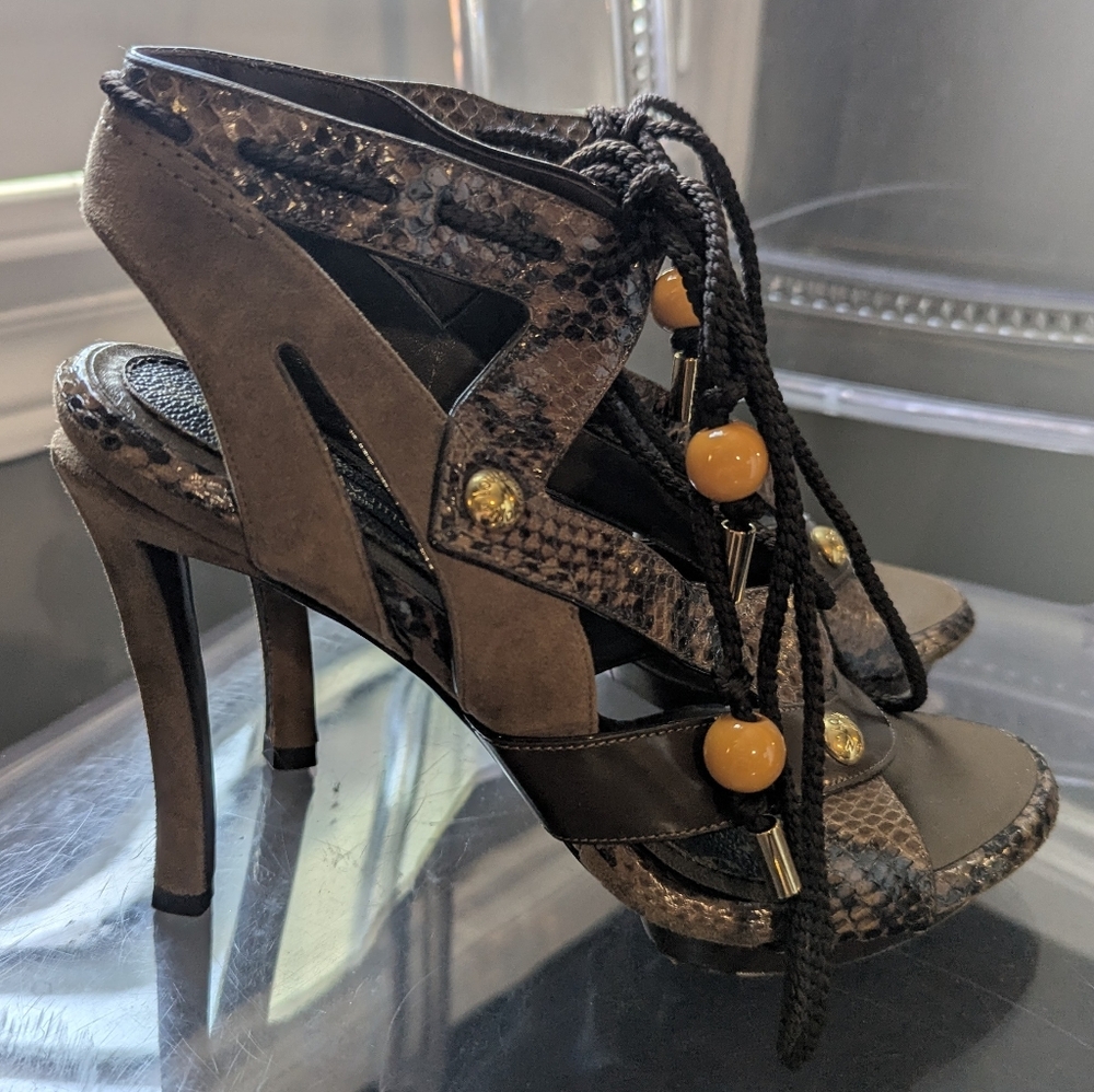 Brown Suede Python Heels